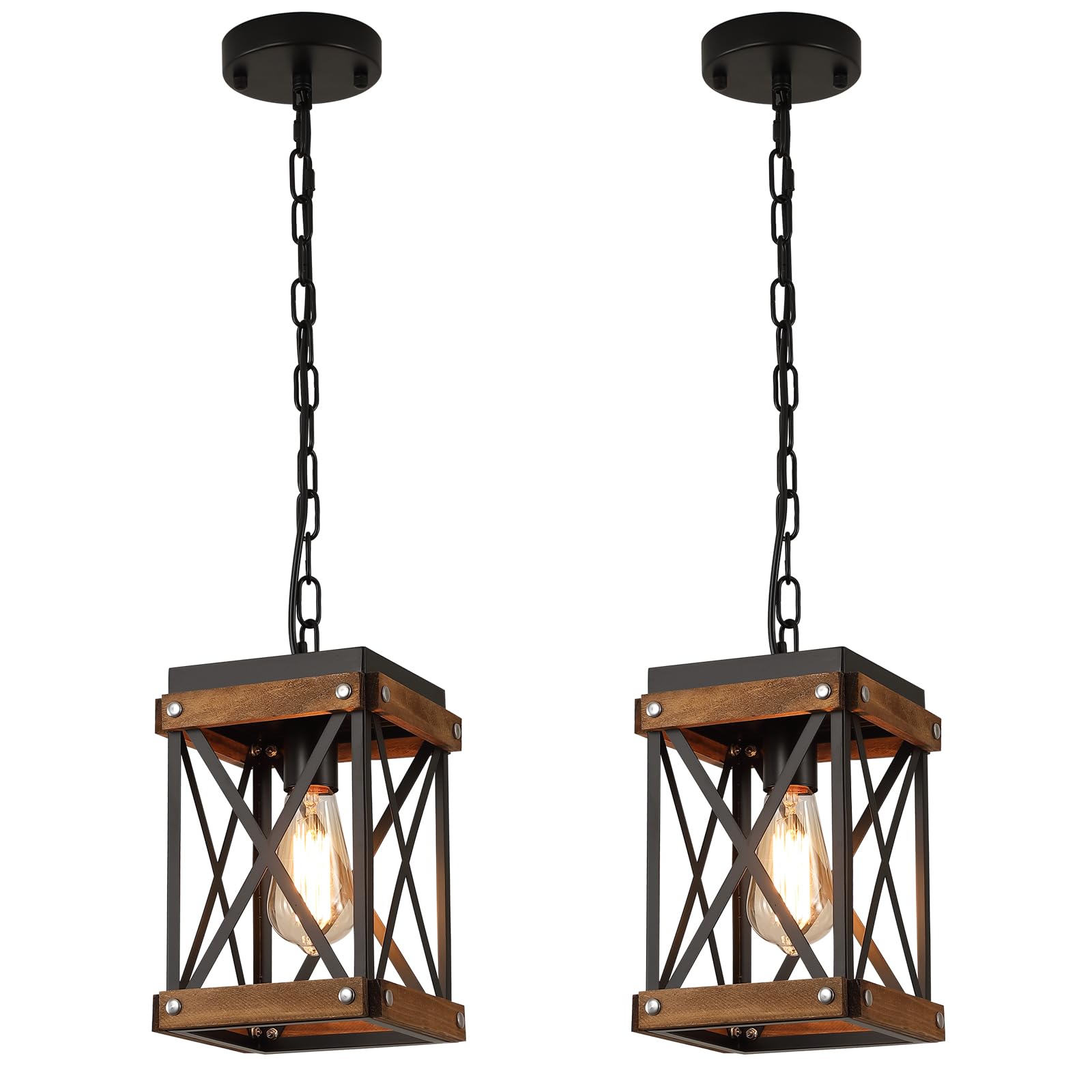 2 Pack Rustic Farmhouse Wood Pendant Light Fixture