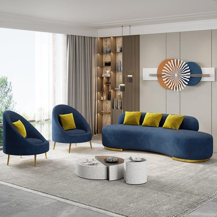 Image of LEGACY OF COMFORT Tara Upholstered Curved Sofa Living Room Set 3 Seater Sofa with 2 Chairs (Blue)
