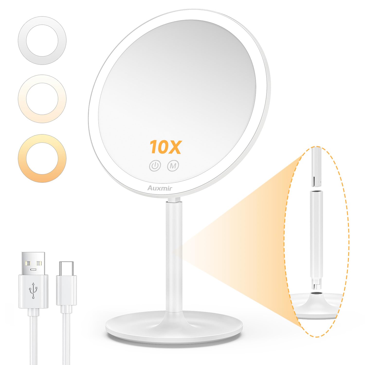 Auxmir Espejo Maquillaje con Luz, 10X Aumento Recargable 2000mAh, Espejo de Mesa Táctil LED, Brillo Ajustable, 3 Colores de Luz, Táctil, con USB, Base Grande para Almacenamiento, 90 Giratorio