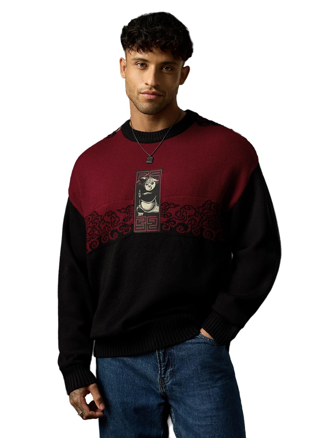 Kung Fu Panda: Warrior Men and Boys Full Sleeves Round Neck Black and Red Embellished Acrylic Lightweight Drop Shoulder Streetwear Trendy Oversized Pullover Sweater