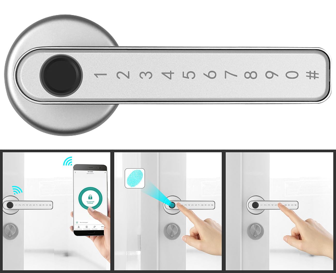 VisorTech Smarte Türklinke: Smarter Sicherheits-Türbeschlag mit Finger-Scanner, PIN & App, silber (Fingerprint Türöffner, Türklinke mit Fingerabdruck, WC)