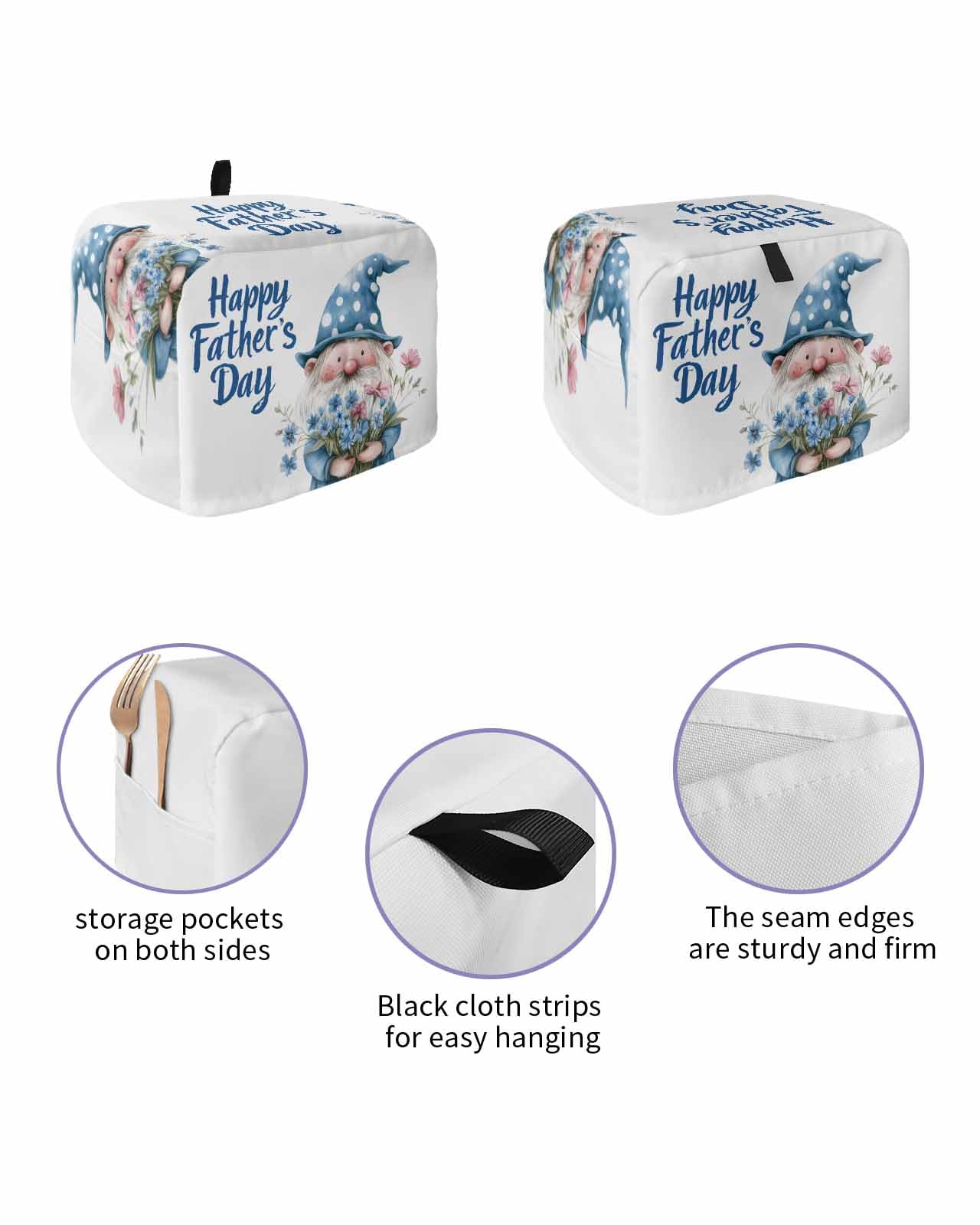 Happy Father's Day Toaster Cover 2 Slice, Blue Gnomes Floral Botanical Dustproof Bread Machine Oven Cover with Storage Pockets, Fits Most Kitchen Toasters Protector