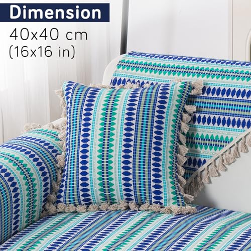 Image of HOKIPO 'Artisan Boho Series' 450 GSM Cushion Cover with Tassels | Cotton Acrylic Jacquard | 16x16 Inch (40x40 cm) | Pack of 2, Royal Blue (IN-905-A2*2)