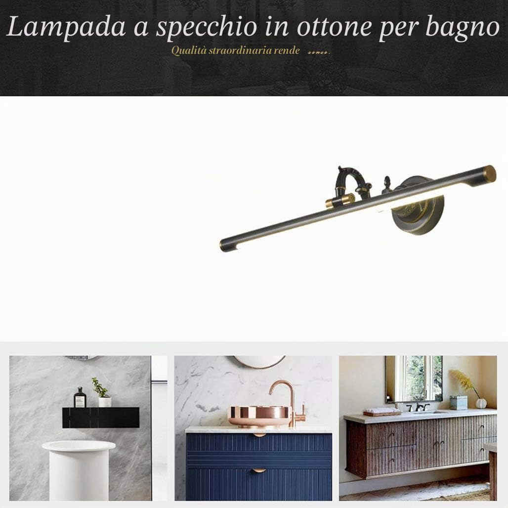 LED Lampada da Specchio Bagno, 7W 630lm Lampada da Bagno Ottone Vintage, Lampada da Parete a LED 4000K IP44 Luce Specchio Bagno, 240° Regolabile Luce per Trucco, Anti Ruggine, 35cm,Nero