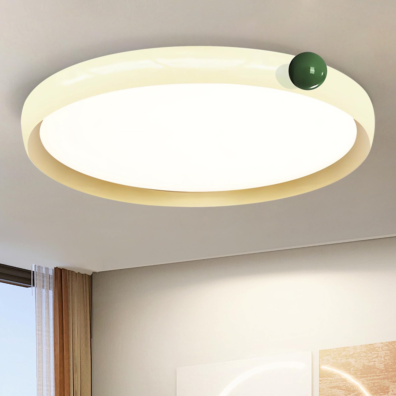 Mikeru Ring LED Ceiling Light, 40cm White Yellow with Green Ball Living Room LED Ceiling Light Round 3000K/4500K/6500K Dimmable Ceiling Lamp with Remote 10% to 100% for Dining Rooms, Kitchens