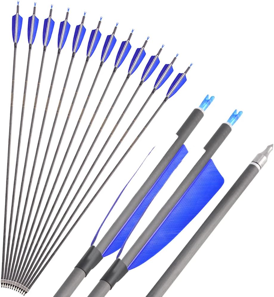 ZSHJGJR 33 inch Archery Carbon Arrows 400 Spine Hunting Arrows for Recurve Bow Compound Bow with Removable Tips Feather Fletching for Archery Bow Hunting Targeting Practice 6/12pcs