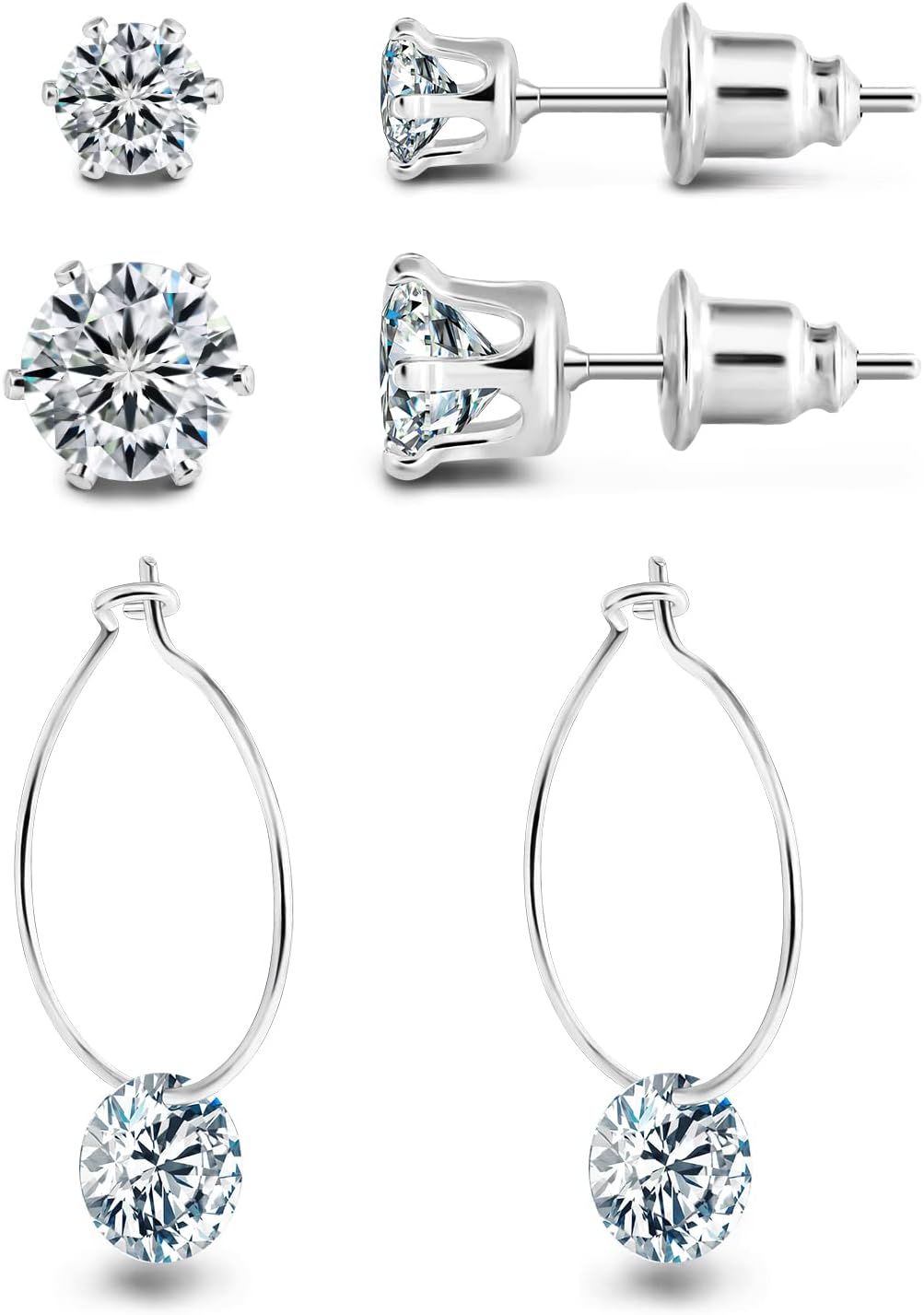 CZ Stud Hoop Earring Set: Delicate Drop Dangle Charm Hoop & Silver Cute Solitaire Round Cubic Zirconia Cartilage Stud - Simple Trendy Hypoallergenic Ear Jewelry Gift for Women Girls