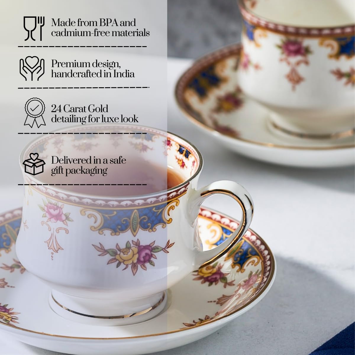 GOLDEN QUEEN'S Cup & Saucer Set | Perfect for Hosting & for Tea/Coffee Lovers | Handcrafted in India, Inspired by Florals & 24-Carat Gold Rim | 6 Cups & 6 Saucers |170 ml (Blush & Blue Cascade) 3