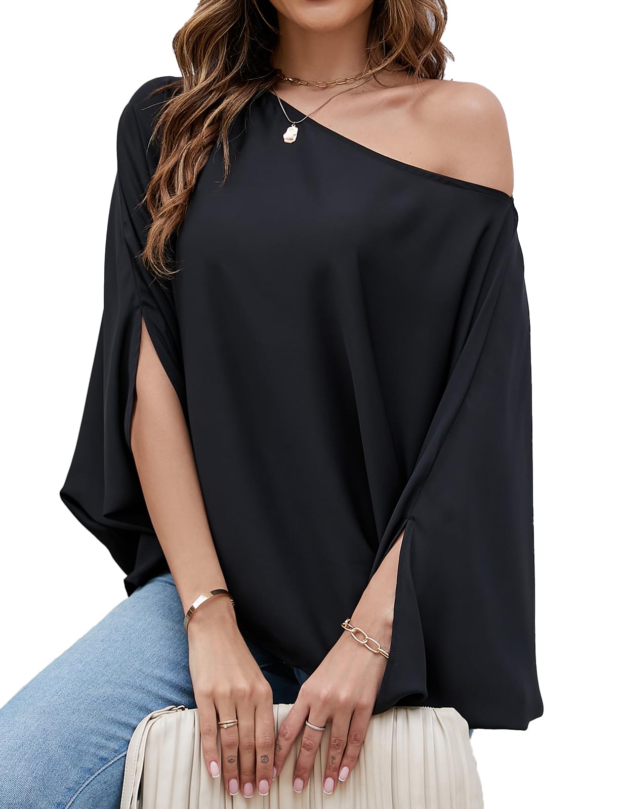 Womens Off The Shoulder Flowy Tops Casual Batwing Sleeves Blouses Loose Chiffon Shirts