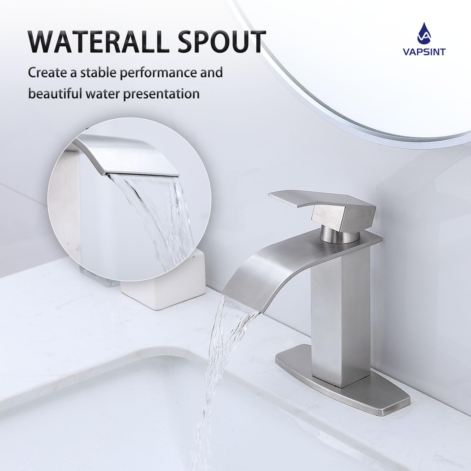 VAPSINT Brushed Nickel Waterfall Bathroom Faucet Modern Single Handle Bathroom Sink Faucet for 1 or 3 Hole Stainless — view 4