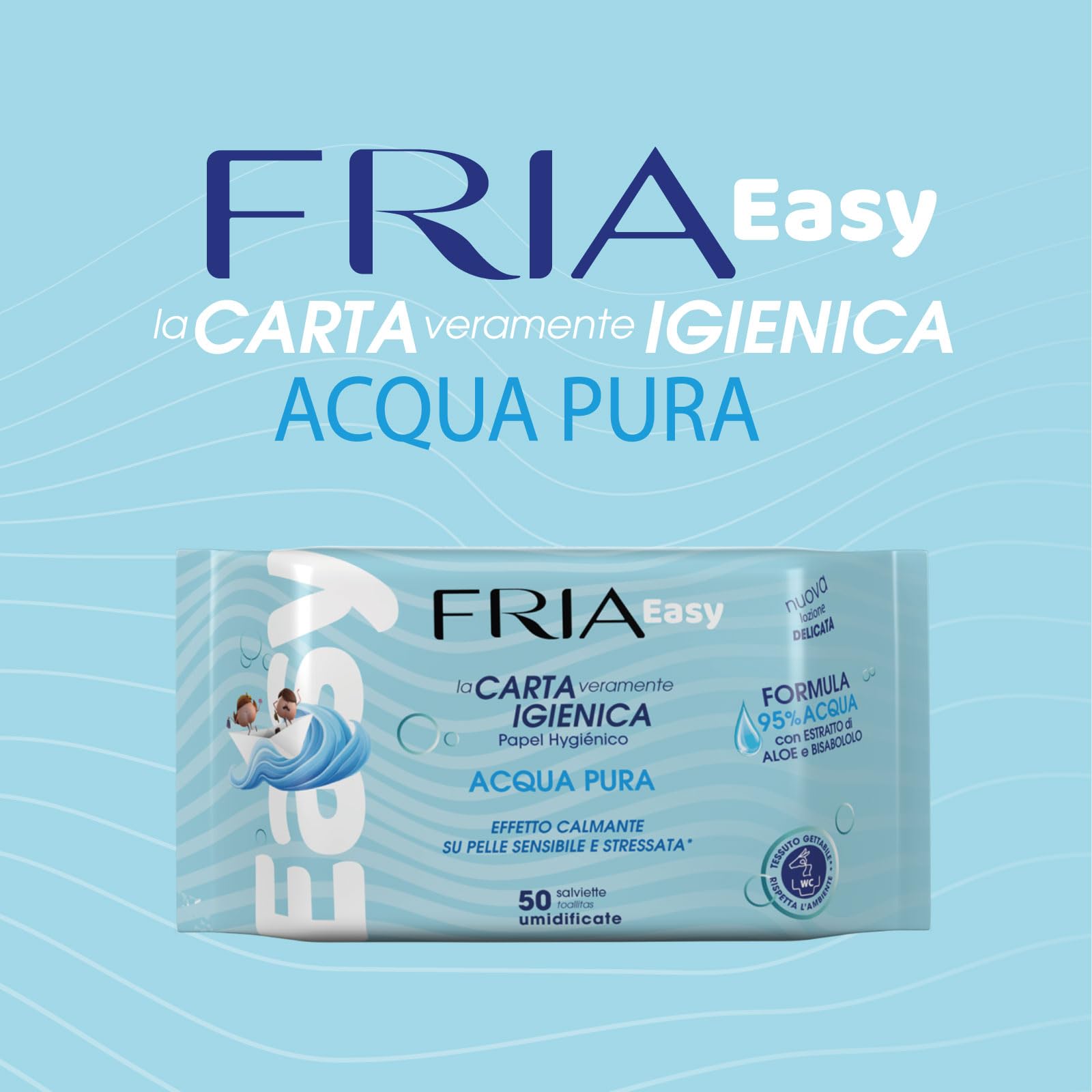 Fria Easy Carta Igienica Umidificata con Acqua Pura ad Effetto Calmante, Tessuto Gettabile nel WC, Dermatologicamente Testate, Confezione da 50 Salviette