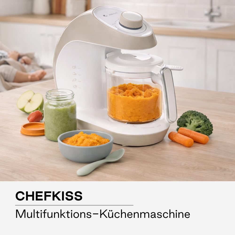Jané Chefkiss Babynahrungszubereiter, 7-in-1-Multifunktion, Küchenmaschine, Dampfgaren, Auftauen, Aufwärmen, Sterilisieren, Mixen, Vermischen, automatische Reinigung