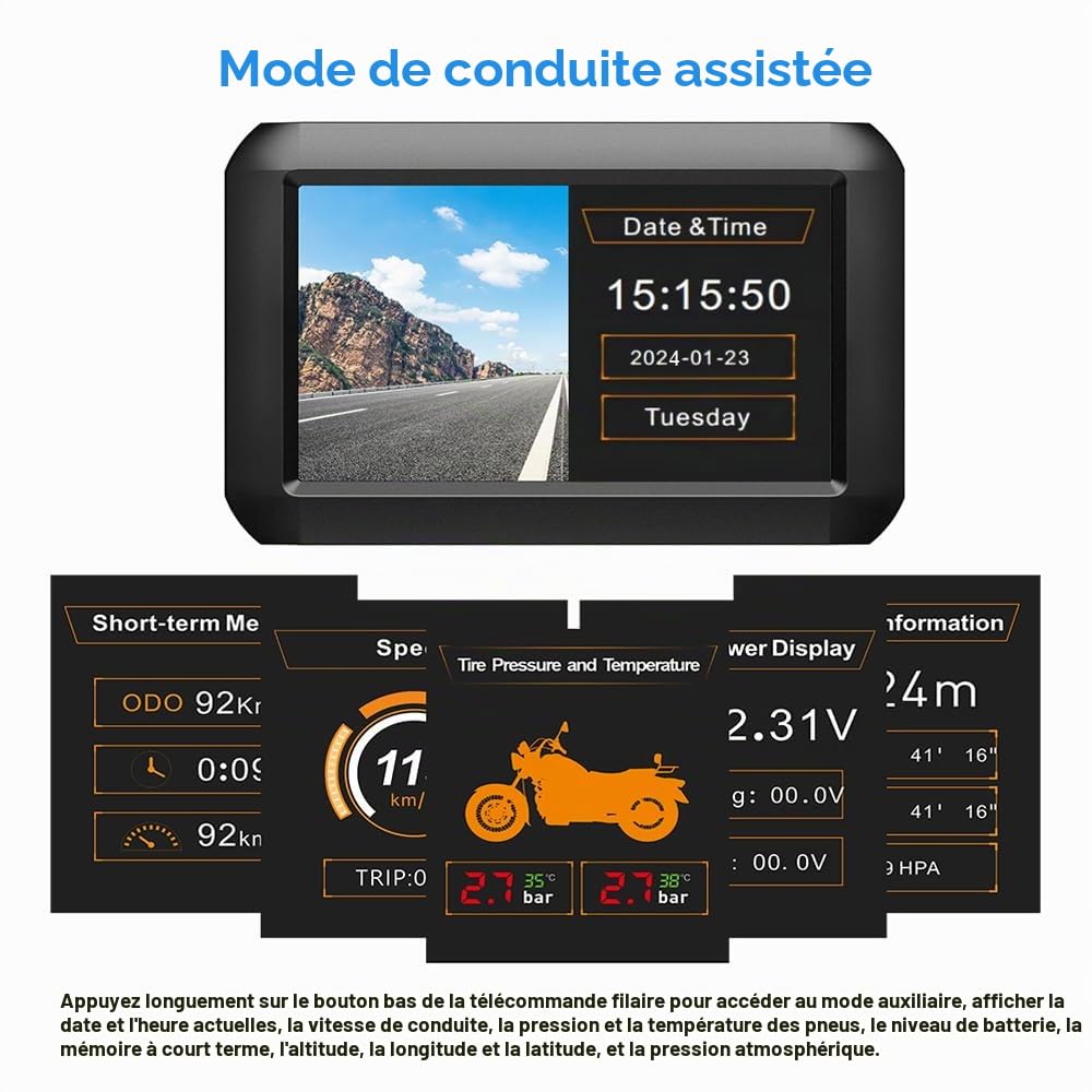VSYSTO Moto Caméra de recul,4'' écran WiFi Moto Dash Cam avec TPMS GPS HD 1080P Avant et 720P caméra Gauche et Droite, Mode Assistant téléphone capteur de température Surveillance de stationnement