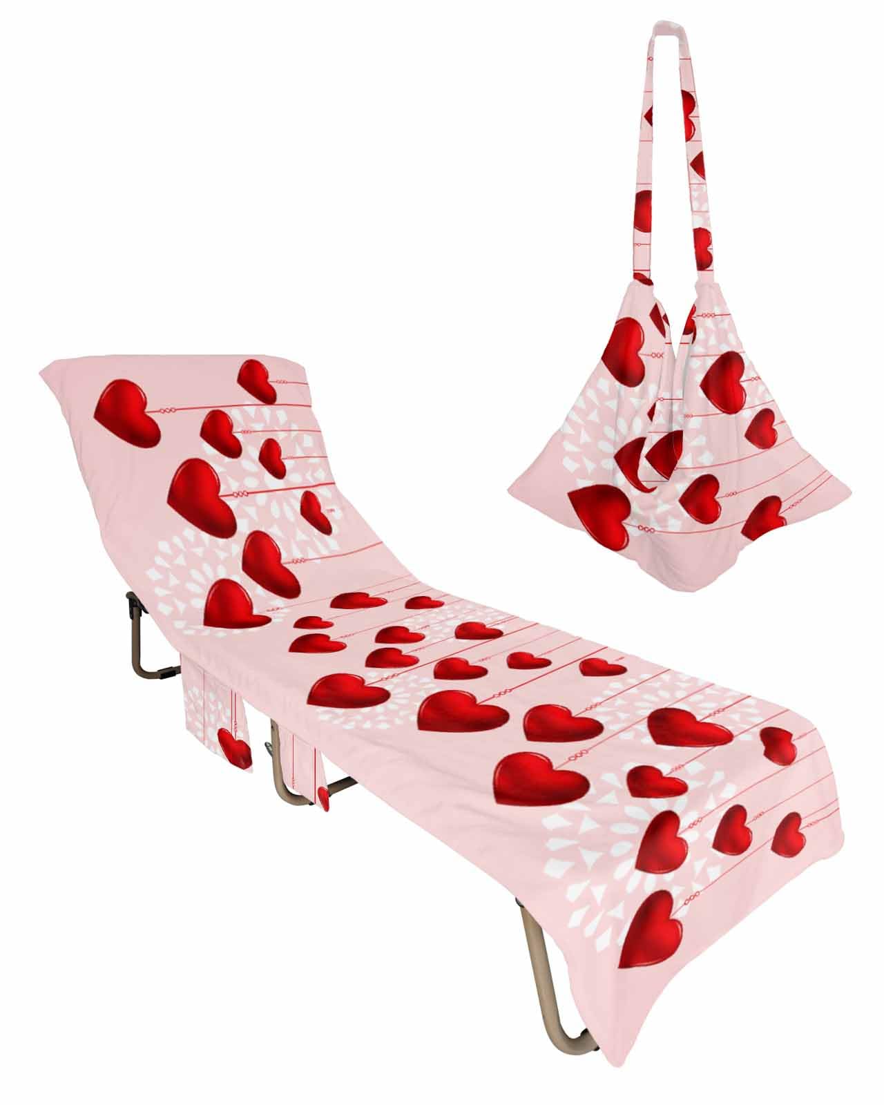 Valentine's Day Beach Chair Towel Covers for Chaise Lounge with Side Pocket, Soft Plush Pool Towels Cover for Patio Sunbathing Outdoor 29''x85'' Red Watercolor Heart Love Holiday