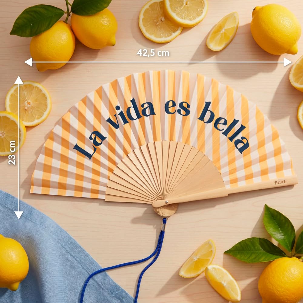 Fisura-Wachlarz drewniany z napisem “La vida es bella”, żółty wachlarz ręczny w paski z zawieszką, kolorowy dodatek na lato 42,5 x 23 cm