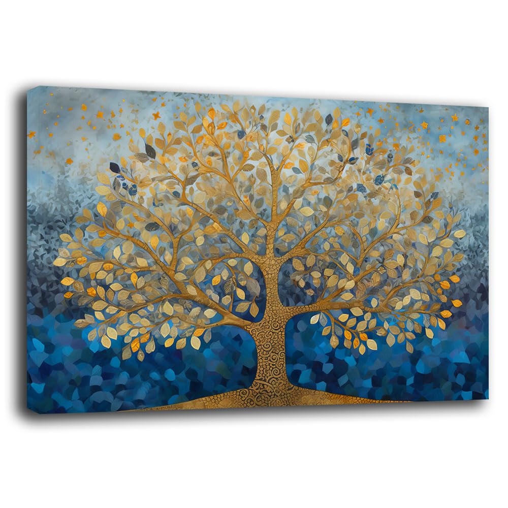 Cuadro moderno salón árbol de la vida abstracto azul dorado cuadros modernos de pared XXL grande impresión sobre lienzo decoración mural pared decoración mural dormitorio salón (30 x 40 cm, 1)