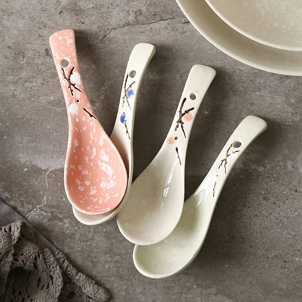 Japanese Ceramic Soup Spoon Set of 4 Suitable for Soup, Ramen, Gravy, Oatmeal, Dumplings,Salad