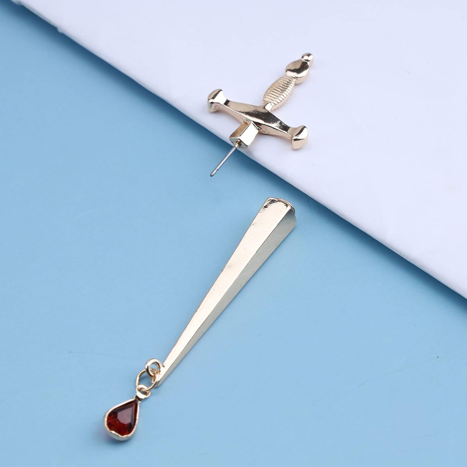 Vintage Cross Ear Jacket Earrings Long Dagger Studs Earrings Gothic Gold Sword Earrings Punk Sword Drop Earrings Ruby Crystal Teardrop Dagger Earrings Jewelry for Women - Image 4