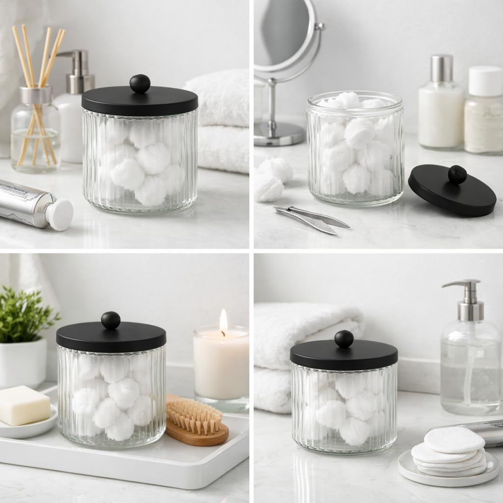 KMwares Glasspender-Set, 2 Stück, Badezimmer-Behälter, Aufbewahrungs-Organizer für Wattebällchen, Tupfer, Zahnseide-Picker und Make-up-Schwämme mit mattschwarzem Metalldeckel, transparente