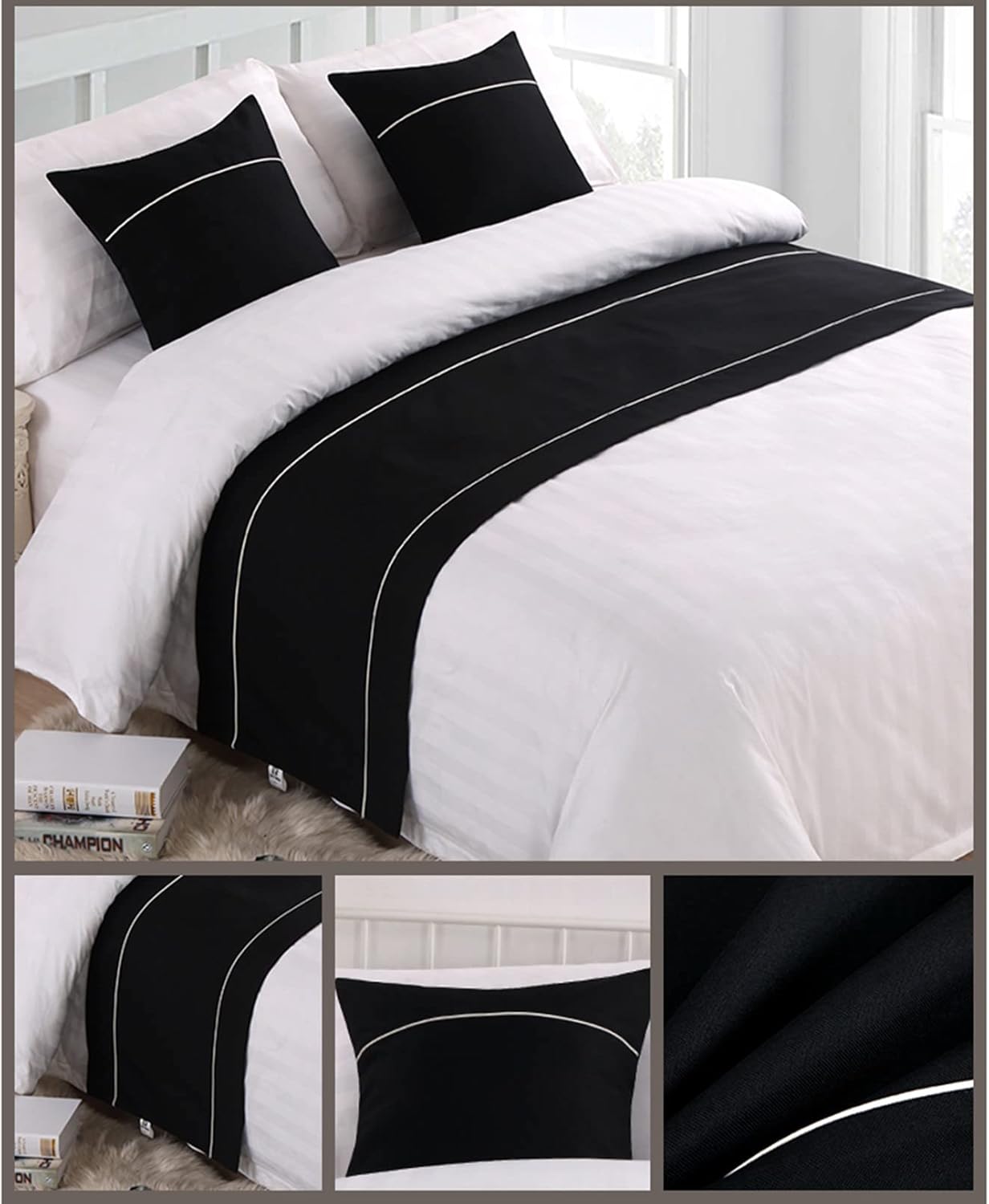 Bed Runner for Foot of Bed Stripe Pattern Light Black Decor Bedding Protection Cover Bed Scarf Bed End Towel Bed Mat No Fading Hotel Bedroom Wedding Room, 210x50cm