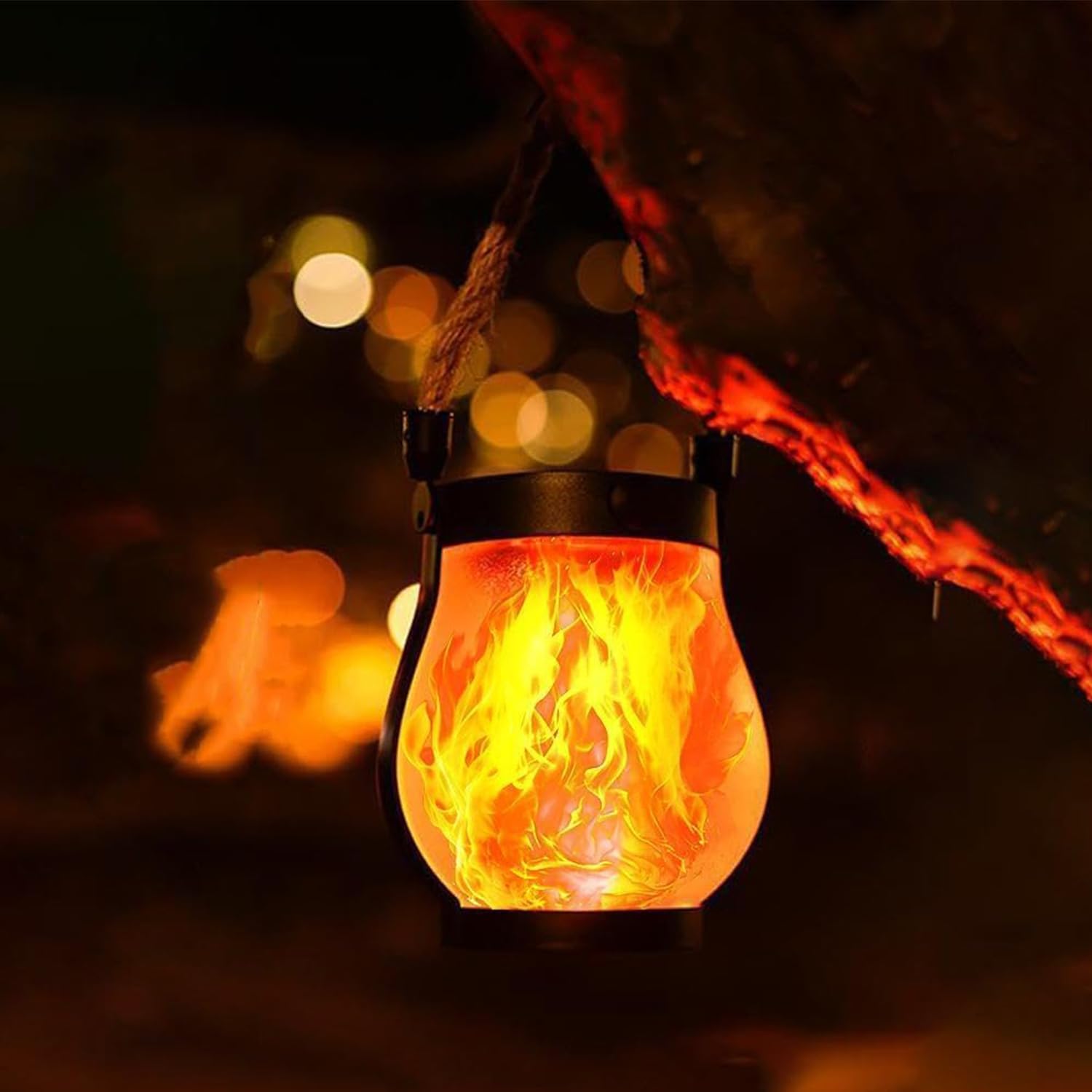 Gresonic 2 Pack Outdoor Hanging Solar Flame Lights, Dancing Flame Effect, USB & Solar Dual Charging, Waterproof Hemp Rope Lanterns with 2 Lighting Modes, Decorative Lamp for Garden Yard Patio Porch