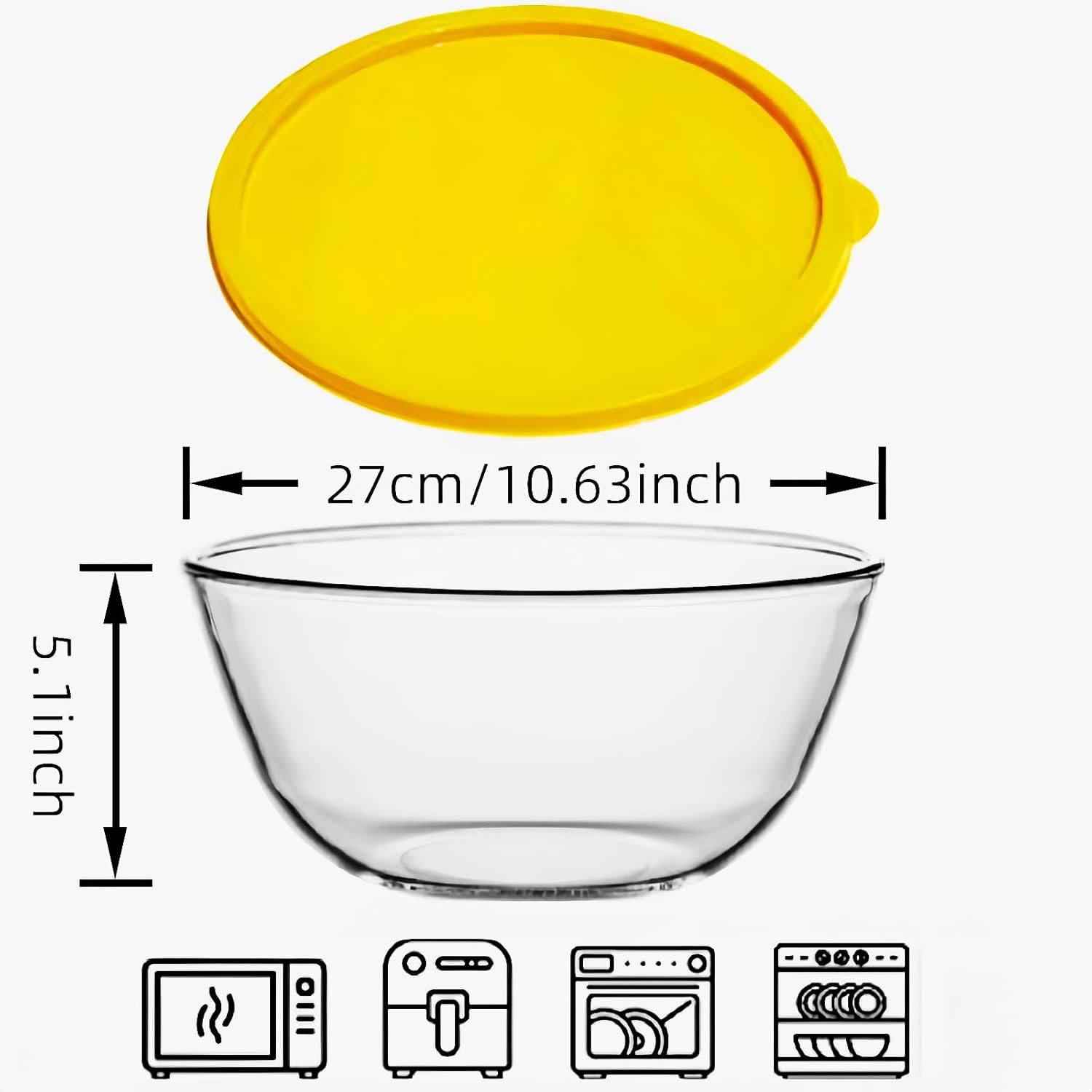 4.7QT Large Glass Mixing Bowl with Yellow Lid, Big Salad Bowl with Lid, Large Glass Bowls for Sourdough and Kithen - Image 2