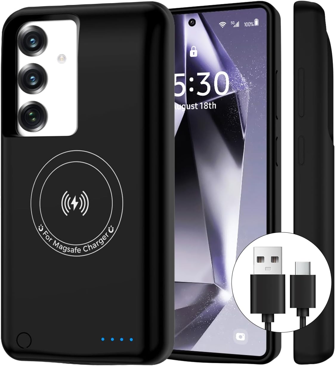 Battery Case for Samsung Galaxy S25/S24,10000mAh Qi Wireless Charging Magnetic Rechargeable Extended Charge Case, Portable Protective Power Bank for Samsung S25/S24(6.2") Black
