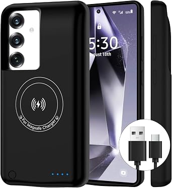 Battery Case for Samsung Galaxy S25/S24,10000mAh Qi Wireless Charging Magnetic Rechargeable Extended Charge Case, Portable Protective Power Bank for Samsung S25/S246.2" Black