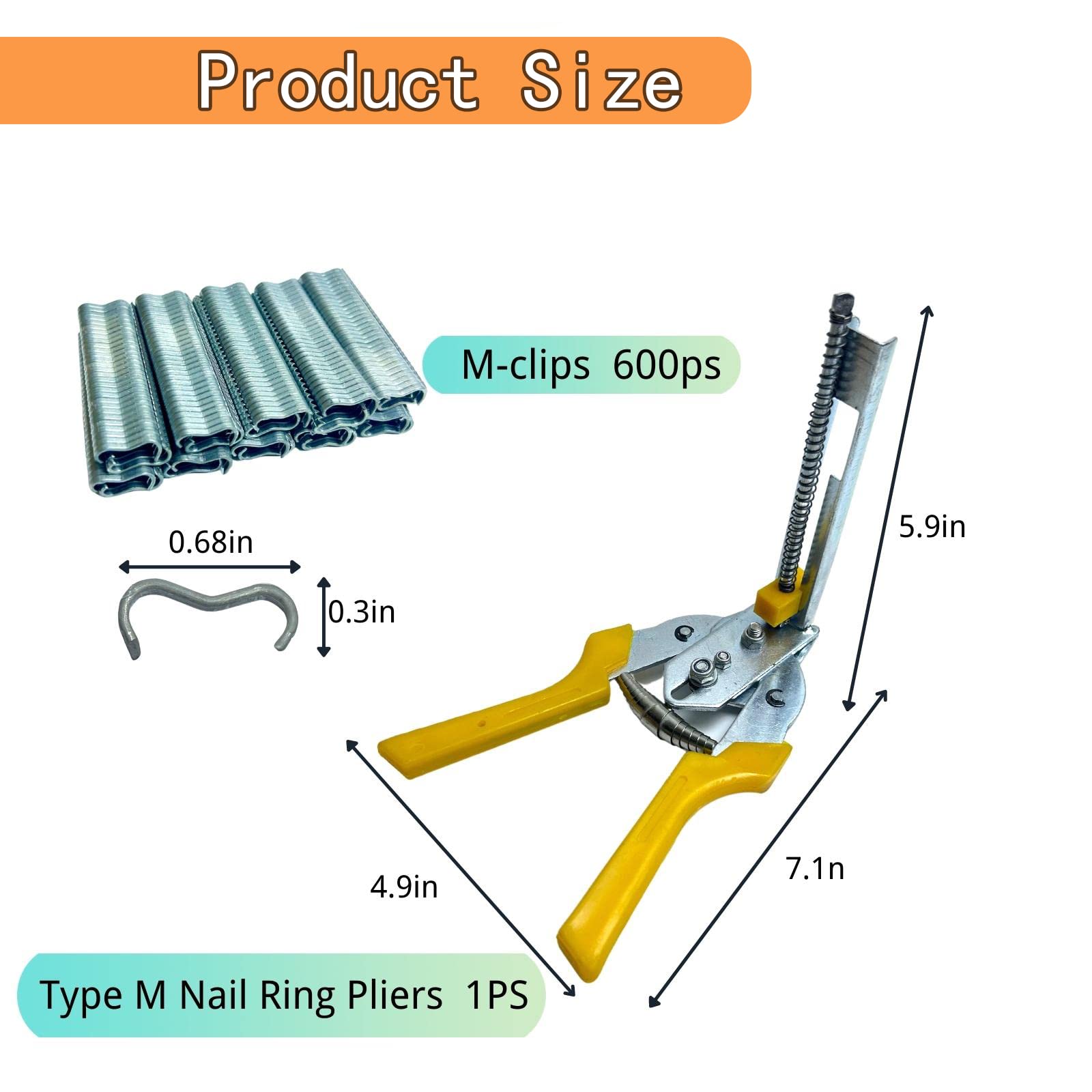 Type M Nail Ring Pliers,Multifunction Hog Rings Pliers Kit with 600Pcs Galvanized Steel Rings Stainless M nail ring pliers Repair Hand Tools for fencing Animal Cages (Yellow+600clips)
