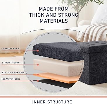 Ornavo Home 2 Pack 15 Inch Folding Storage Ottoman Cube, Linen, Black | Square Linen Storage Ottoman; Foot Rest Stool; Ideal for Living Room, Bedroom, Home Office or Dorm