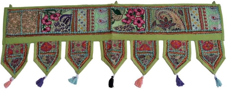 Treen Art Indian Toran for Door Green Embroidered Thoranam 39" W x 13" L Traditional Bohemian Valance for Front Doors, Window & Wall Decoration for Festive Seasons