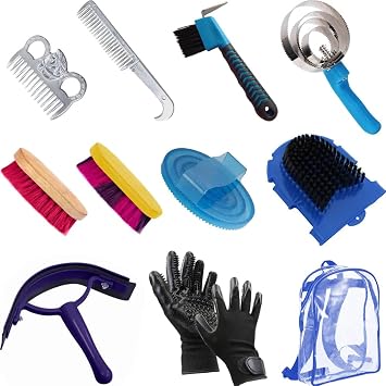 La La Pet  Horse Grooming Kit with Bag, Horse Brush Sets for Grooming 11Pcs Horse CleaningTool Set Horse Care Supplies for Horse Tack Room