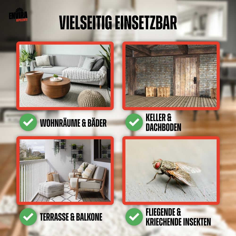 Envira Universal Insekten Abwehrspray 4 x 5 Liter + 2L Sprüher - Spray mit Langzeitwirkung gegen Trauermücken, Silberfische, Lebensmittelmotten & weiteres Ungeziefer - Mittel gegen Insekten