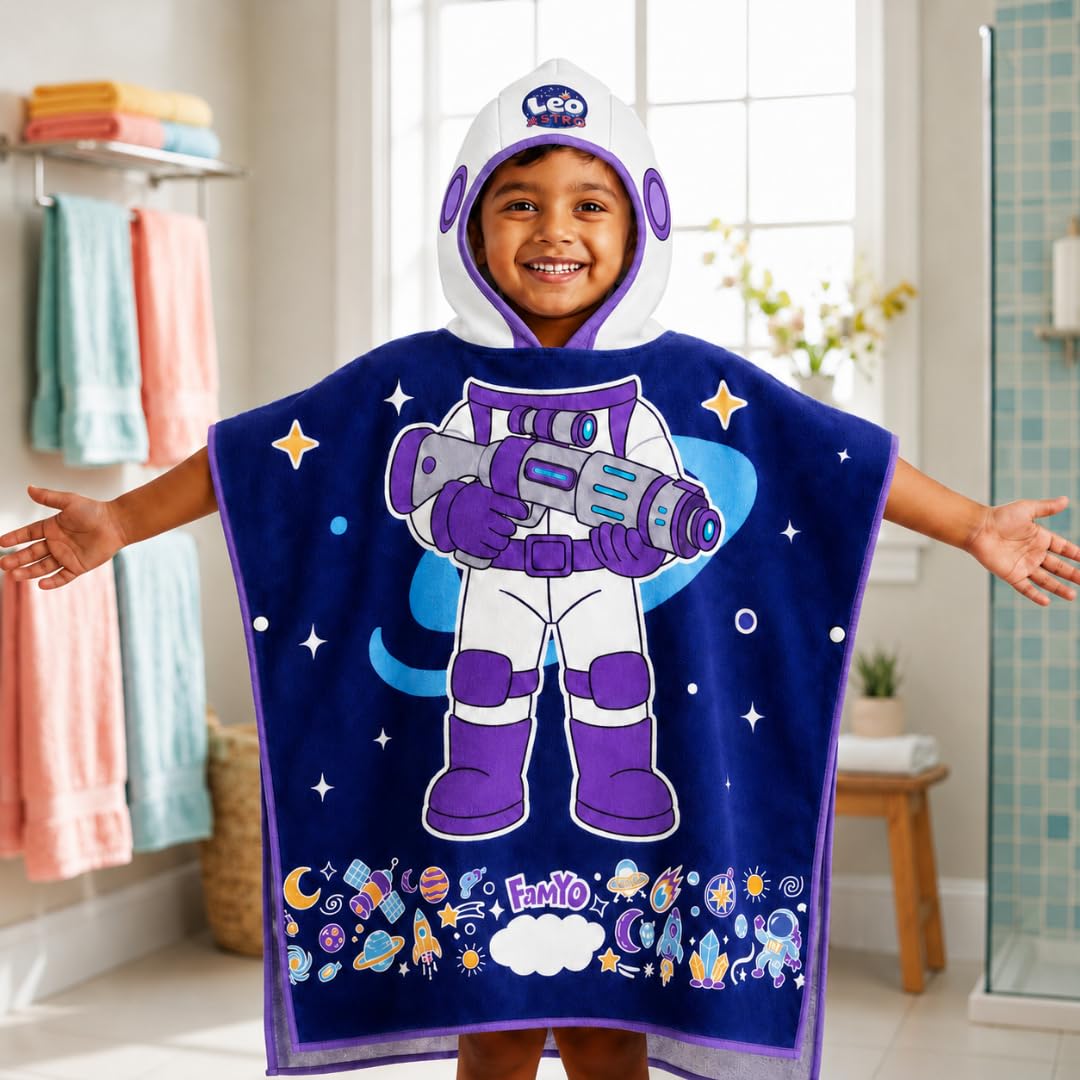 Famyo® Hood Maxx Poncho Towel for Kids 1–7 Years| Quick Dry Kids Towel| Soft Lightweight Baby Wrap for Beach | 60 X 60Cm Toddler Pool Towel for Boys & Girls | Micro-Fiber Bath Towels (Dark Blue Leo)-image-0