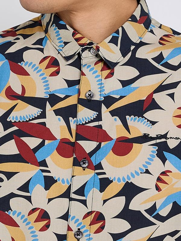 Image of Ben Sherman Mens Multi-Color Floral Print Short Sleeve Shirt | Lightweight Breathable