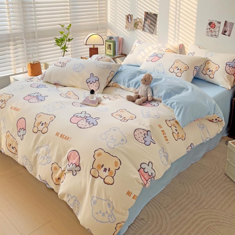Kimko Washed Cotton Kawaii Strawberry Duvet Cover Set,Kids Bear Cute Washable Cotton Bedding Set,Gentle,Soft,Home Cozy and Breathable 【3Pcs:1 Duvet Cover+2 Pillowcase】 (# 15, Twin-59''X79'')