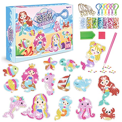 TOYESS 15PCS Kits de Pintura de Diamantes, DIY 5D Diamond Painting Llavero, Kits de Manualidades de Diamantes, Cumpleaños Regalo para Niñas de 6 7 8 9 10 11 12 Años, Sirena (TYZSH01-MER)