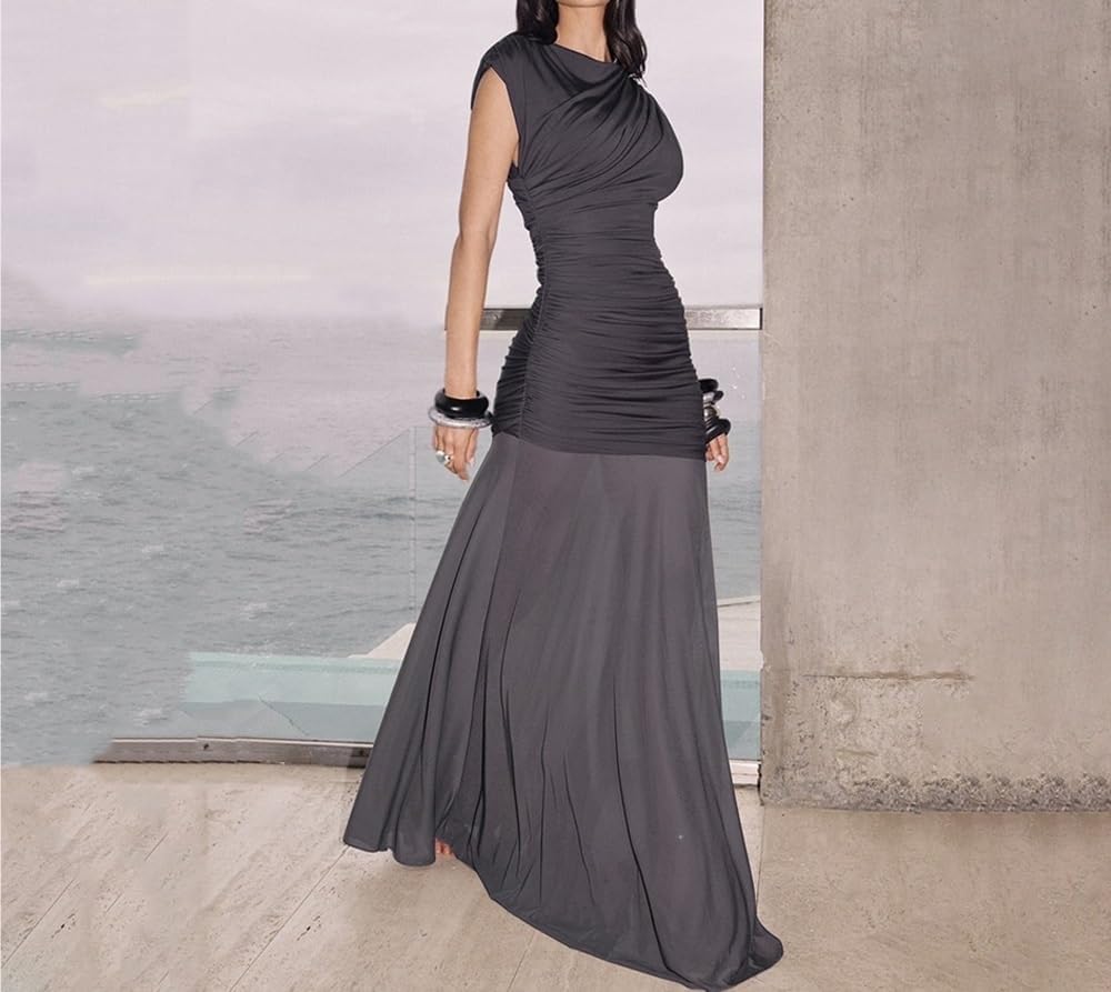 HENGEN 2025 Autumn New Pleated Women's Sleeveless Long Dress, Fashionable and Sexy Hip Hugging Dress