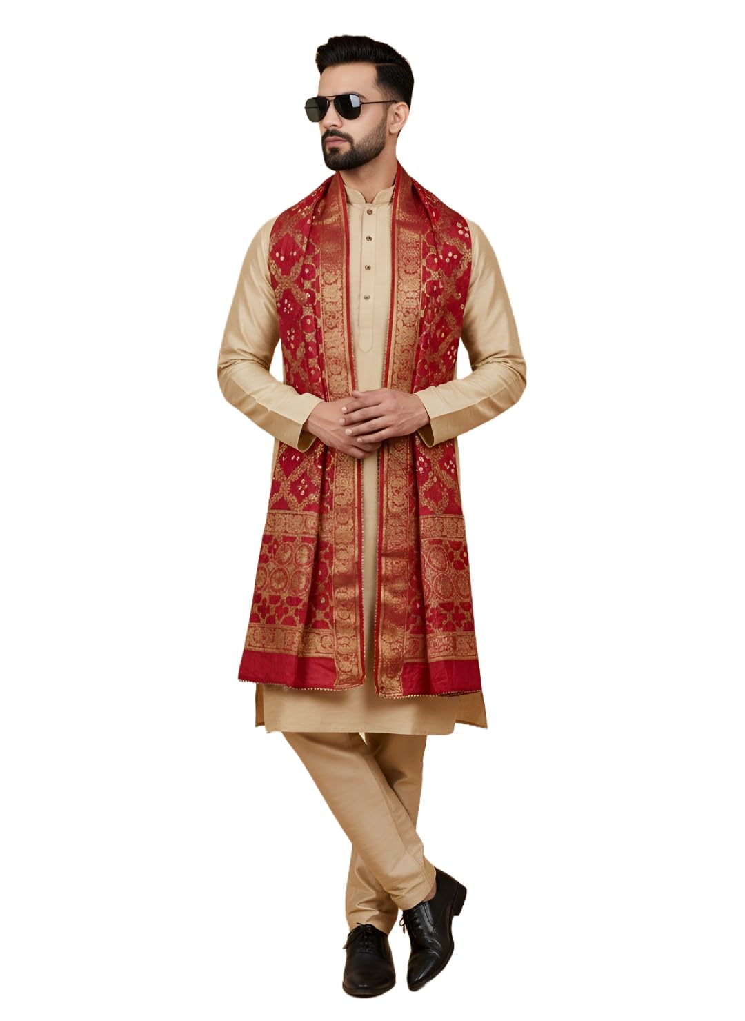 muffly Men's Banarasi designer Bandhej Gharchola Silk Dupatta with gota lace-picture-54