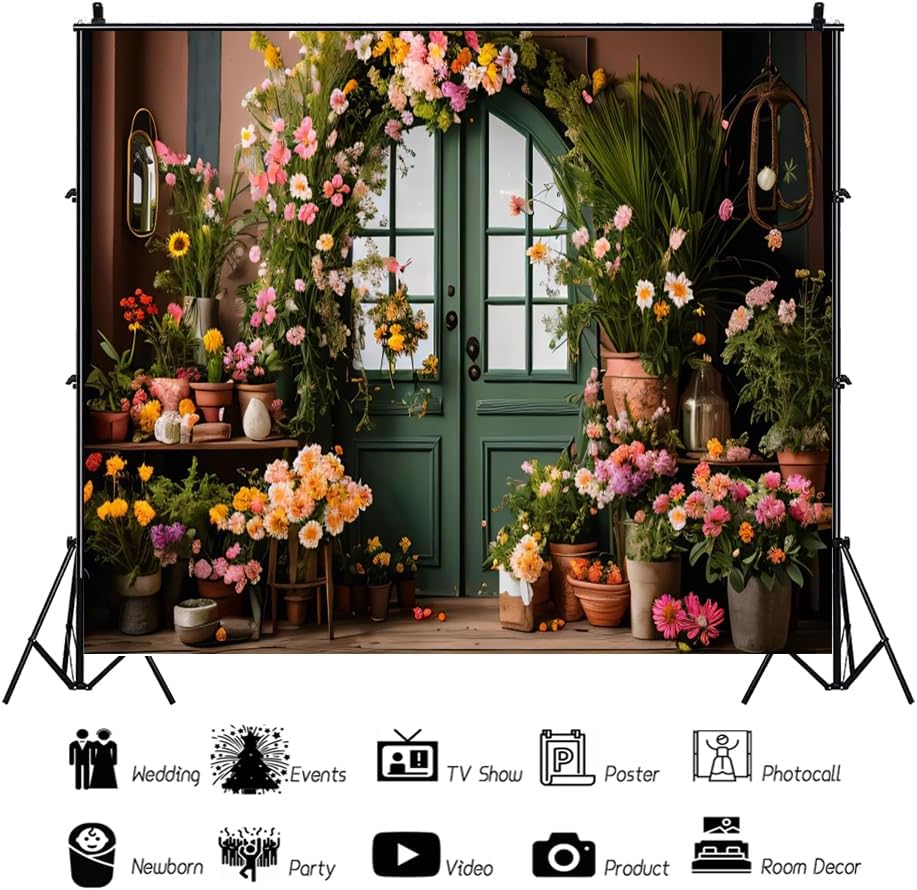 10x8ft Spring Flower Backdrop for Photography Indoor Blooming Flower Arch Wooden Door Floral Photo Background Video Photo Shoot Wedding Portrait Background Studio Photo Booth Props