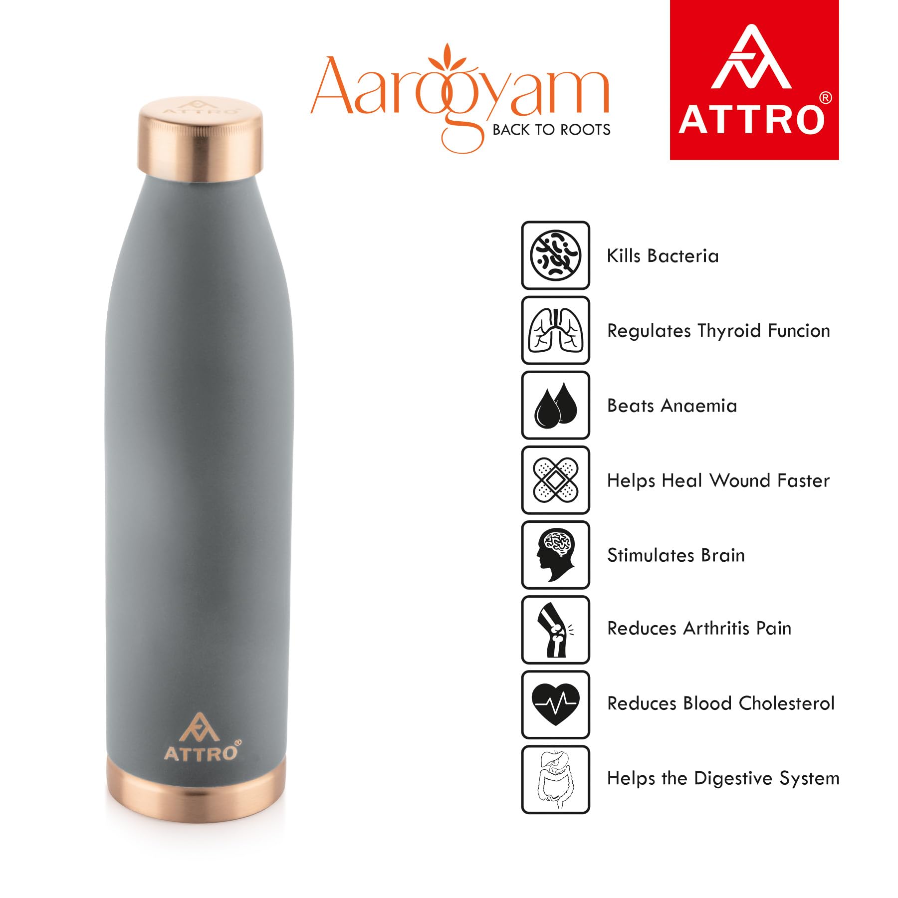 Attro Copper Water Bottle - 1000ml -3