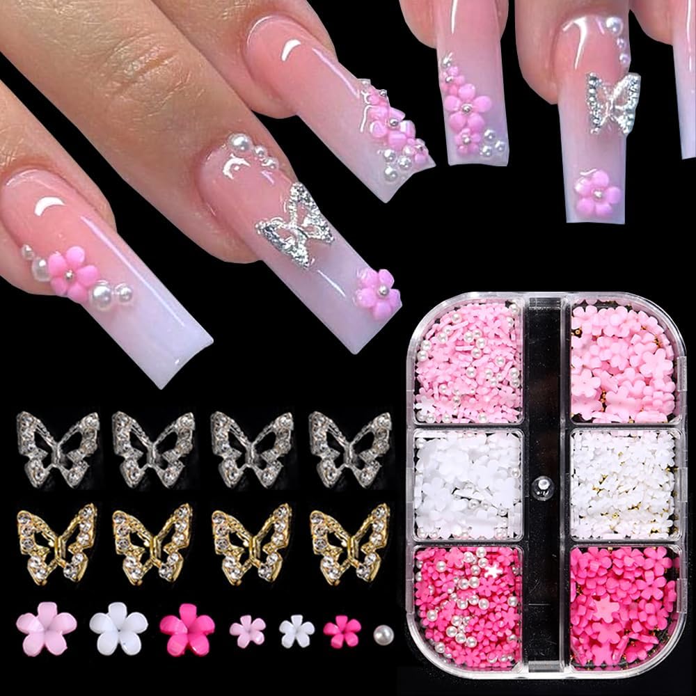 3D Flower Nail Charms, 3D Acrylic Flower White Pink Blossom Petal with Pearls Beads