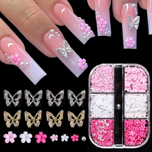 Dijes de uñas de flores 3D, flor acrílica 3D, pétalo de flor blanca y rosa con perlas de perlas, aleación de metal dorado y plata con diamantes de