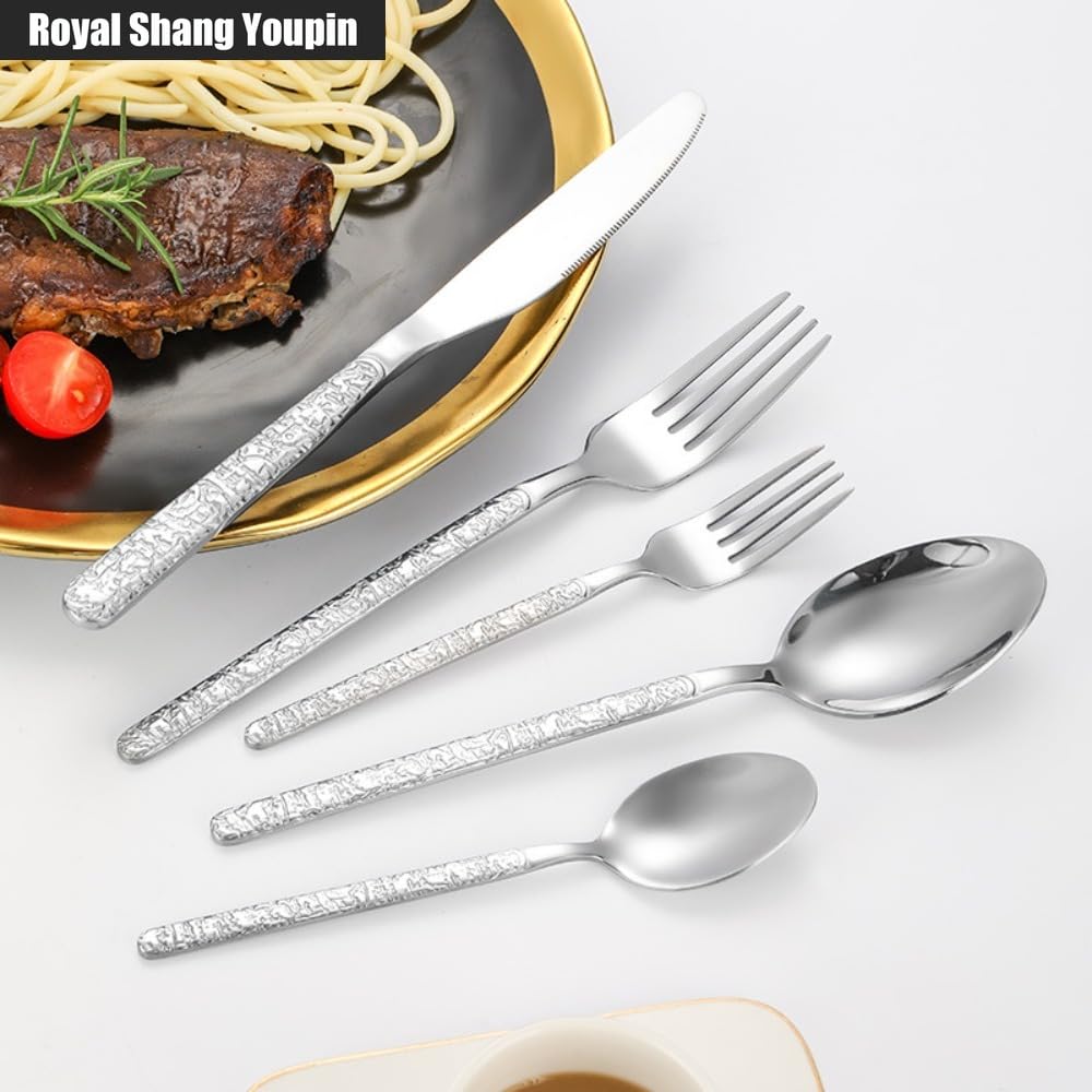 Manico in Rilievo Con Motivo in Pietra Cucina Posate in Acciaio Inossidabile Stoviglie Posate Set Di Posate Coltello Da Bistecca Forchetta Cucchiaio Cucchiaino (Oro rosa,20 pezzi)