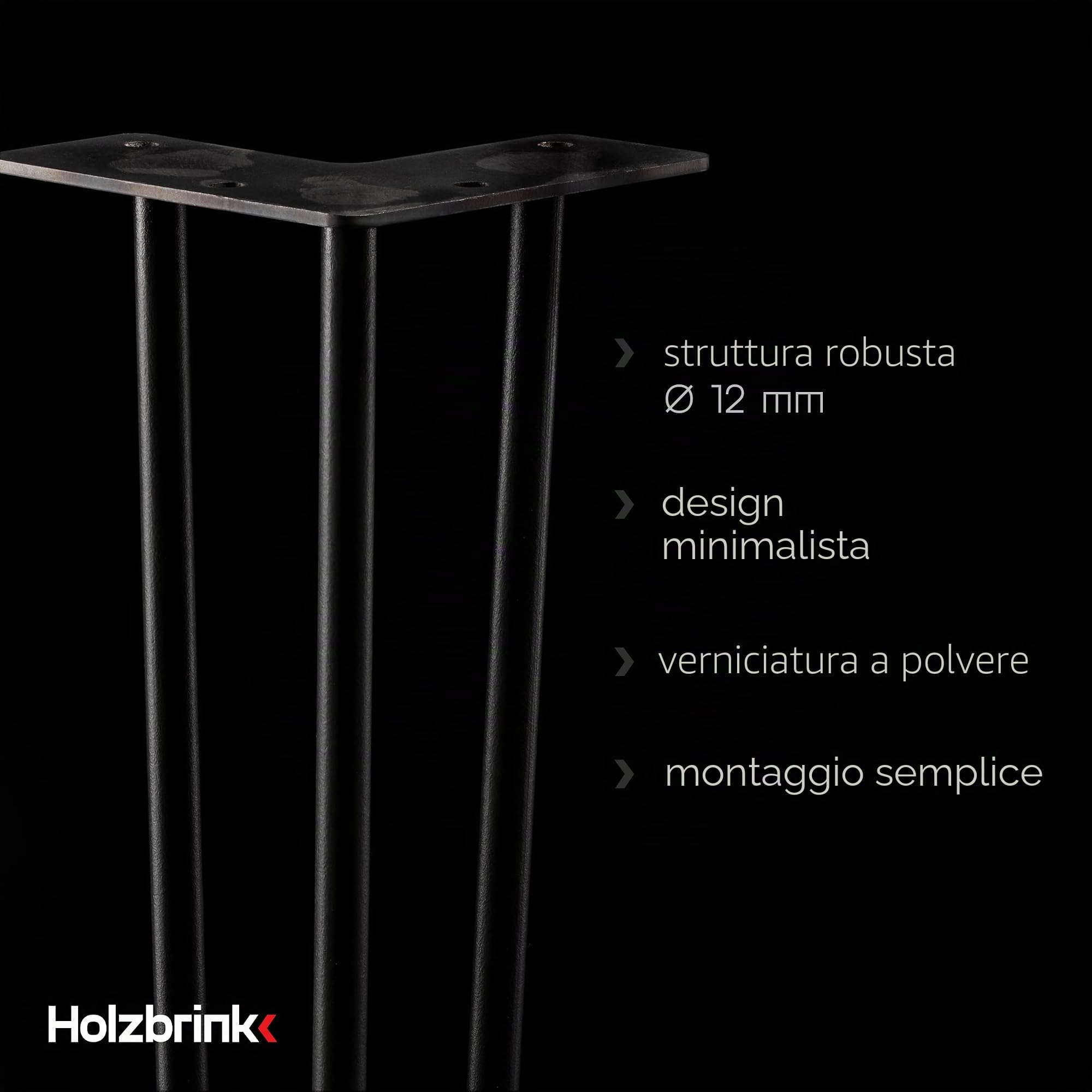 HOLZBRINK 4x gamba da tavolo in metallo con 3 aste Hairpin,Gamba con asta tripla per mobili, tavolo, 100 cm, Nero Intenso, HLT-13A-100-9005