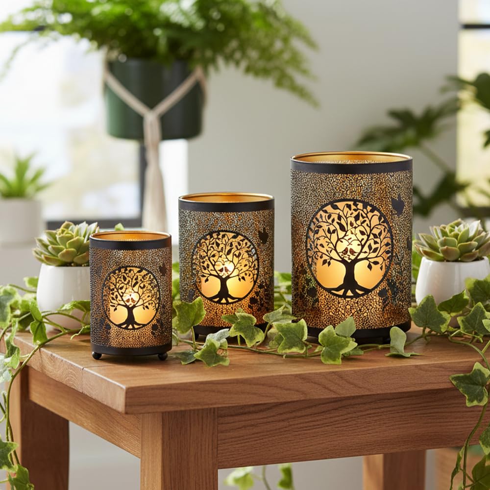 TRIROCKS Lampion na świecę z drzewem życia, 13 cm, 16 cm, 19 cm, grawerowany metal, brąz, dekoracja do salonu, stołu, na imprezę, patio, wejście, do wewnątrz i na zewnątrz (3 sztuki)