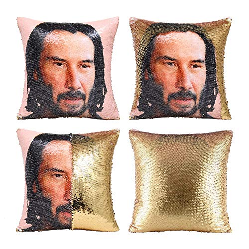 MODCON Keanu Reeves Sequin Throw Pillow Cover Mermaid Reversible Flip Sequin Pillow Case Decorative Cushion Cover Funny Gag Gifts 16x16 Inches (1:Gold)