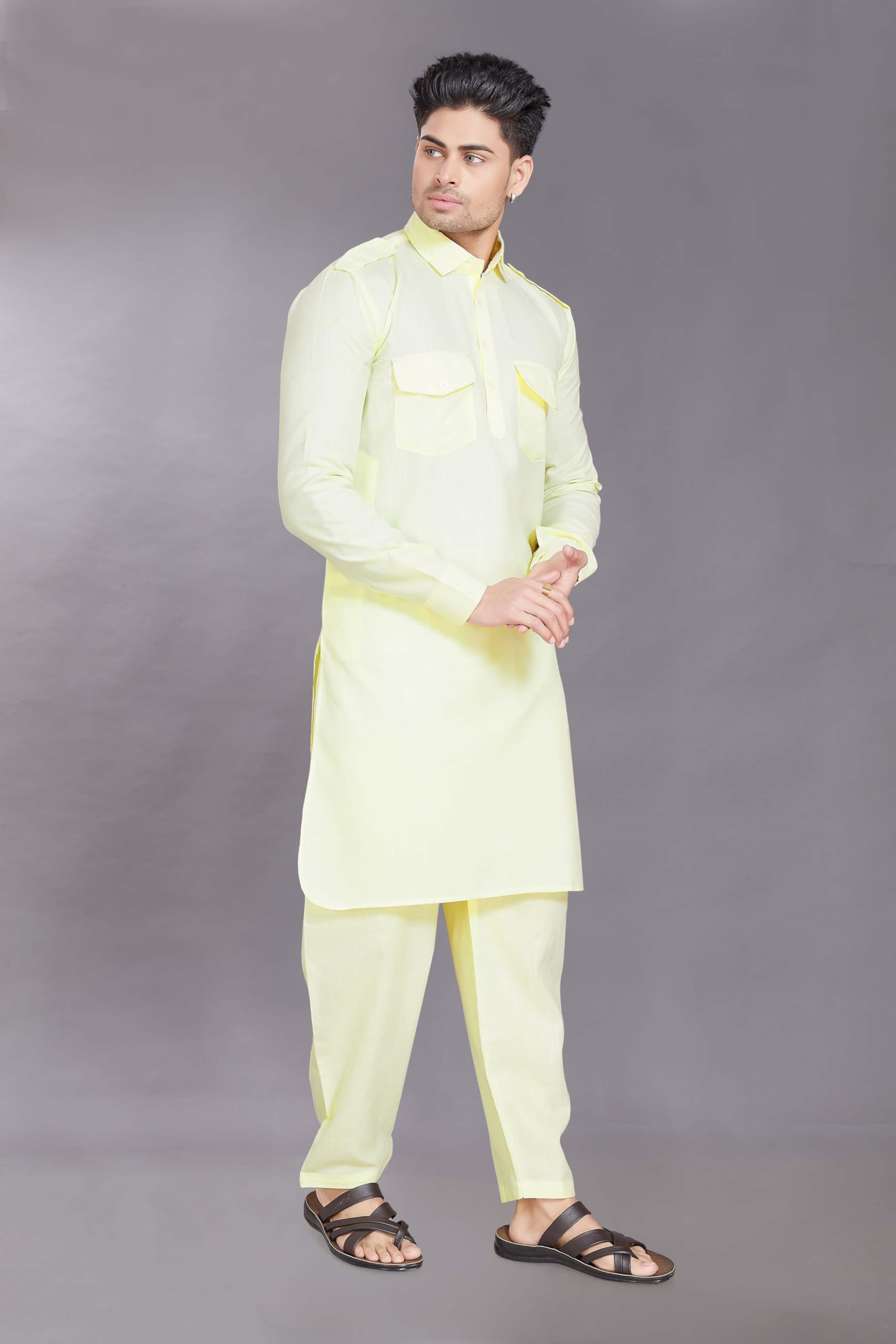 Divisive Men's Cotton Blend Pathani Kurta Pyjama Set (Dkrt453_Xl_Yellow)