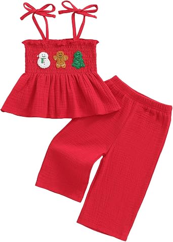 FIOMVA Christmas Toddler Baby Girl Outfit Spaghetti Strap Top Linen Pant Set Kids Little Girls Xmas Dress Clothes