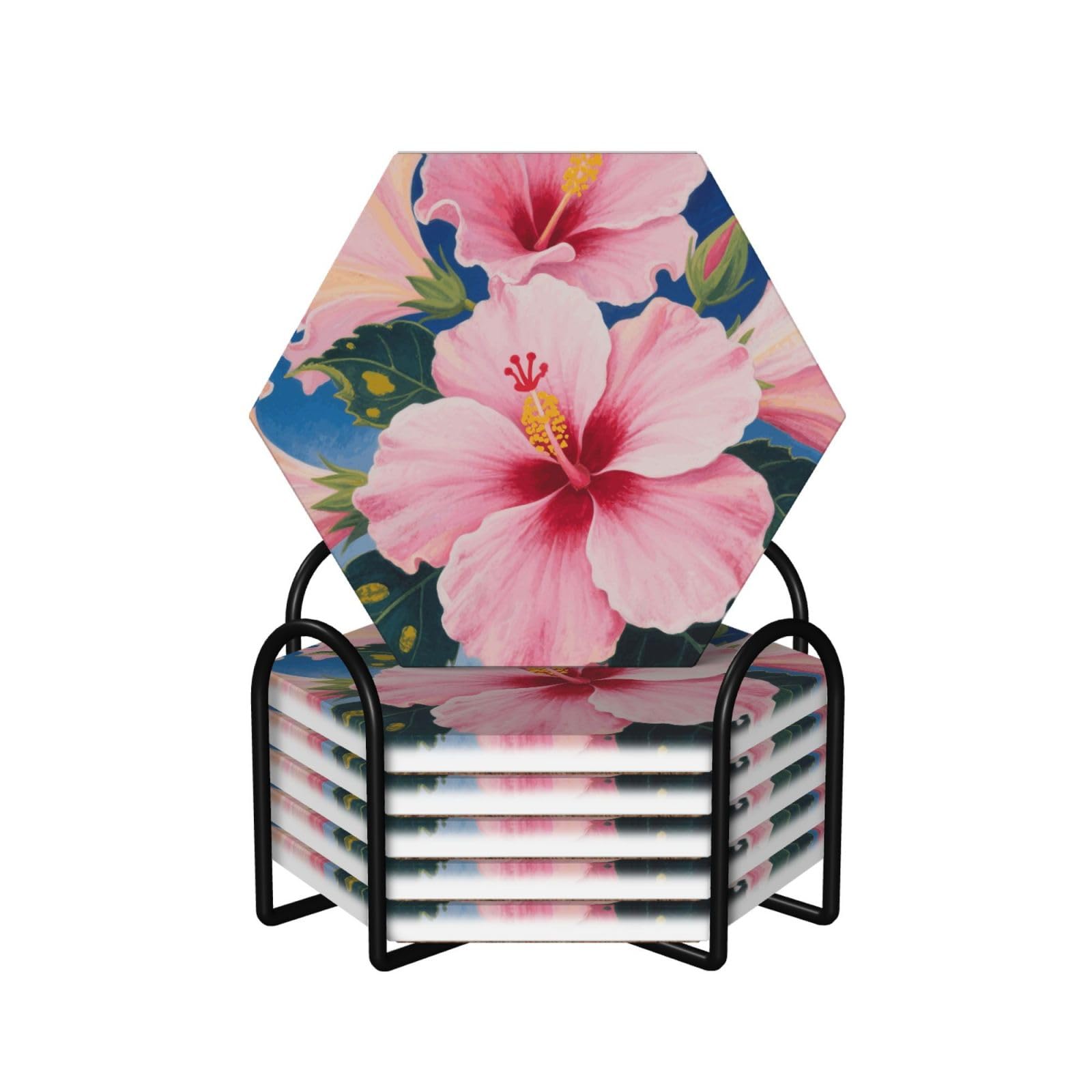 Dessous de verre en céramique lot de 6 hibiscus avec support